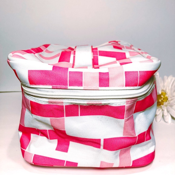 Clinique Limited Edition Pink Plaid White Travel Cosmetic Bag Zips Handle NWOT - Picture 6 of 7